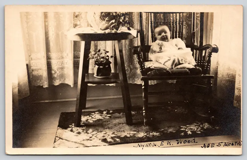 Postcard RPPC Five Month Old Baby in Rocking Chair Real Photo Potted Plants - 9098