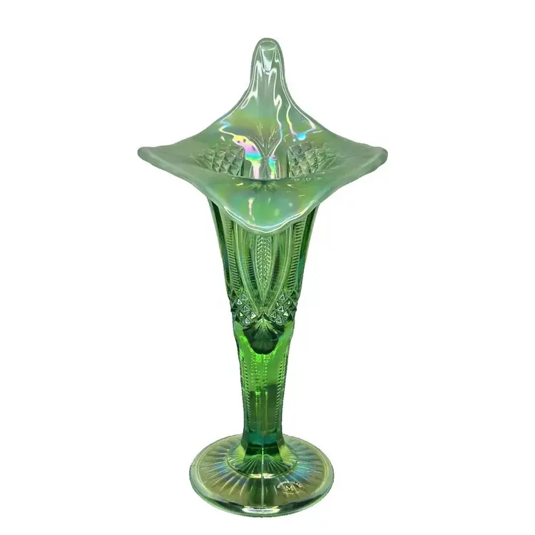 Vintage Mosser Vaseline Jack In The Pulpit Vase Opalescent Diamond & Zipper Pattern ~ UV Reactive