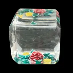 #259B Vintage Bircraft Lucite Reverse Cut And Hand Colored Rose Cube Shape Paperweight