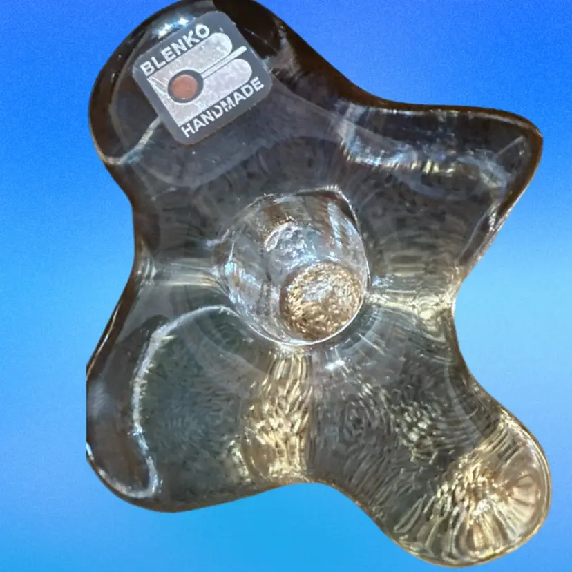Blenko Amoeba Shape Clear Glass Taper Candle Holder with Original Label