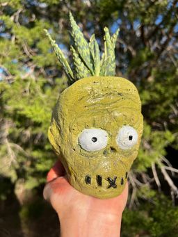 Carved Shrunken Head Concrete Planter