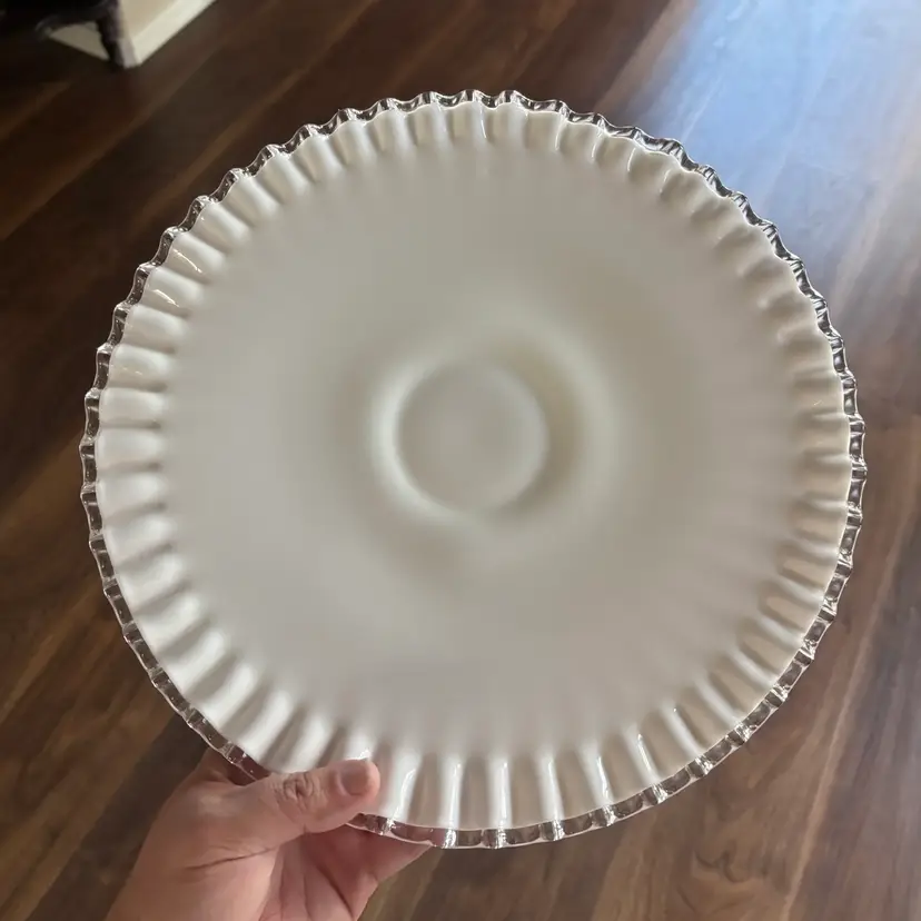 Vintage Fenton Silver Crest Ruffled Milk Glass Low Pedestal Cake Stand