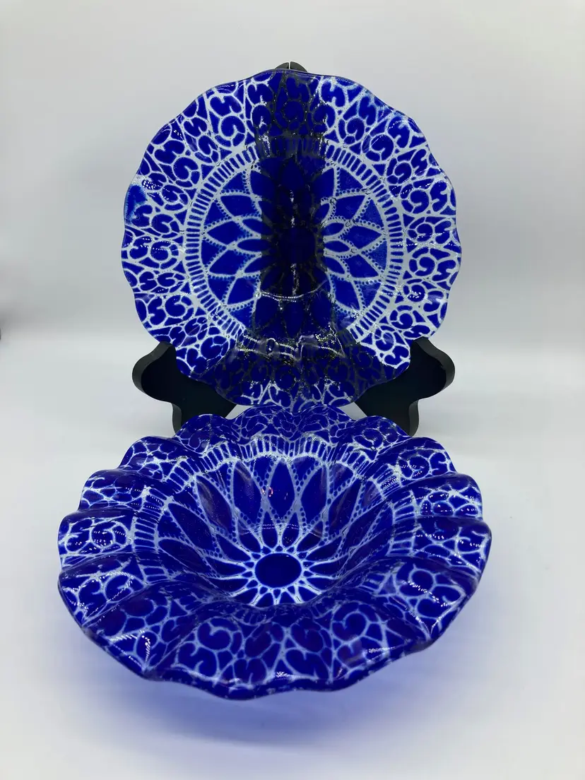 Vintage Sydenstricker Cobalt Blue and Clear Fused Glass Bowl, Signed