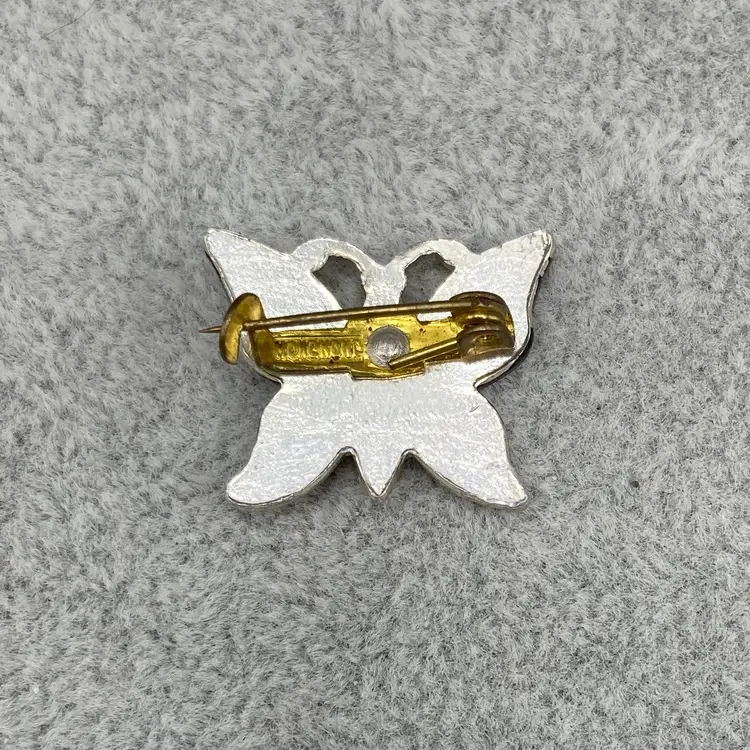 Vintage Silvertone Butterfly Brooch Pin with Red Rhinestone - Made in Hong Kong