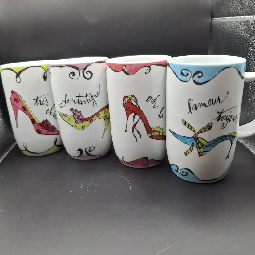 Rosanna Set Of 4 High Heel Shoe Design Coffee Mugs French Inspired Sayings