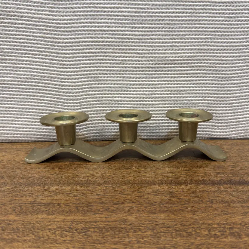 Brass Wave Candle Holder: Vintage Mid-Century Modern Triple Taper Centerpiece (0091-25)