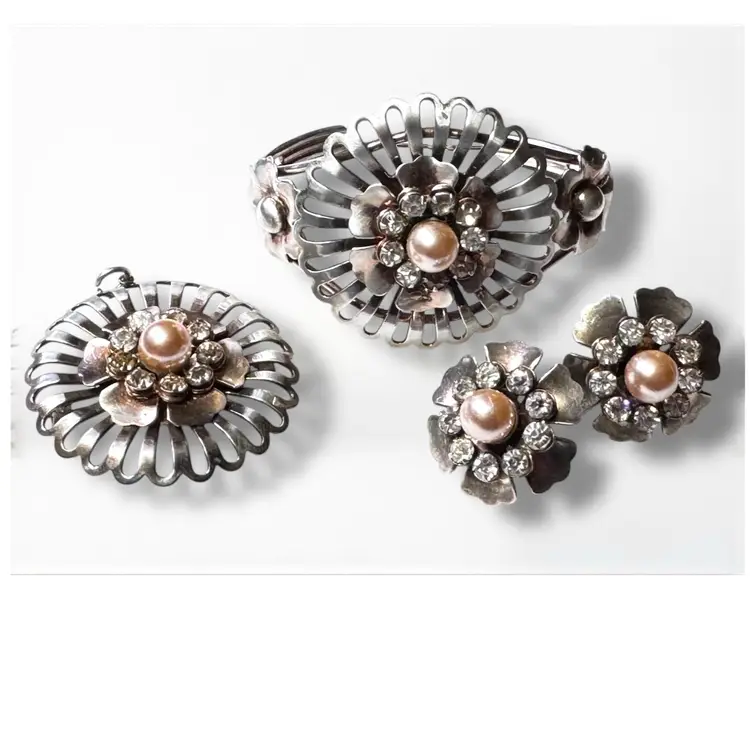 Vintage 1940s Sterling Silver Vintage Vintage 1940s Rhinestone & Faux Pearl Flower Cuff Bracelet - Pendant - Screw Back Earring Set - 44 Grams - Tested Metal Guaranteed