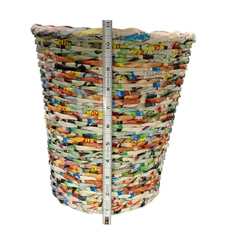 Vtg Hand Woven Recycled Magazine, Trash Can Waste Basket. 12” Tall