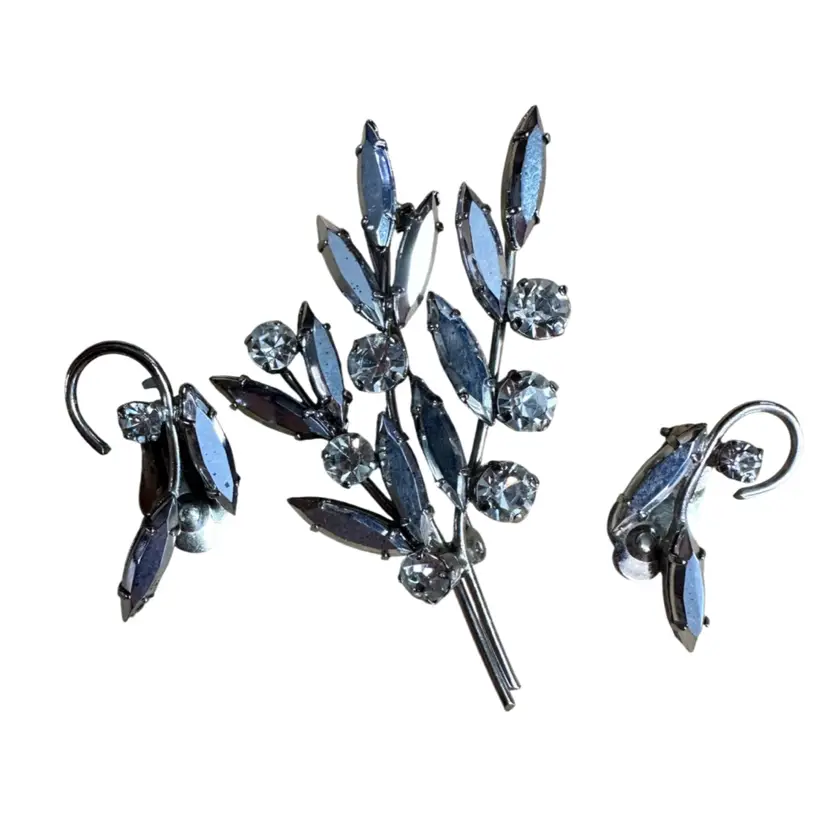 Austrian Silvertone Rhinestones 3 Pc Brooch And Clip On Earring Set