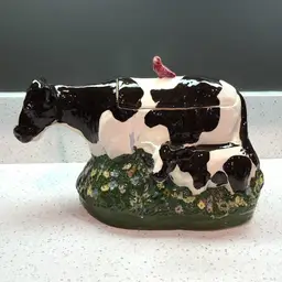 Vintage Rick Wisecarver Pottery Cow Calf Cookie Jar Signed Farmhouse