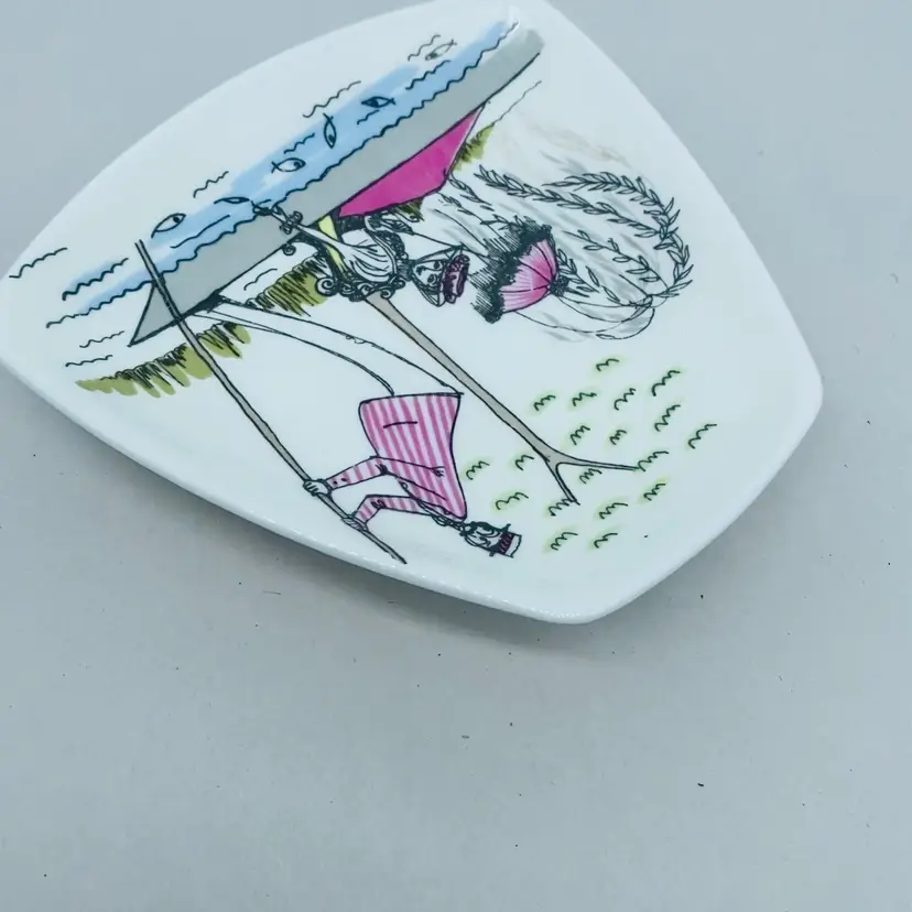 #4205 Bone Ceramic Pin Dish Trinket Tray England.  Entitled Fun and Games and designed Artist Maureen Tanmer