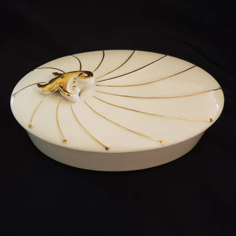 Oval Trinket Box w/ Lid (8 1/4") Ceramic - Eggshell White & Gold - Deco Style 