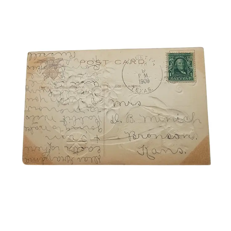 Antique Embossed 1909 Easter Postcard With Rabbit & Flowers Featuring Pastel Colors