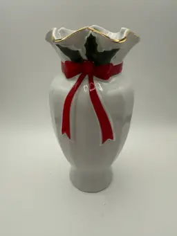 Vintage Mount Clemens Pottery Christmas Vase Red Ribbon Holly