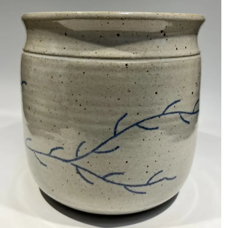 Studio Pottery- Stoneware Crock, 5.5” x 5.5”, Hand-Thrown & Signed Pamela- Blue Vine Design