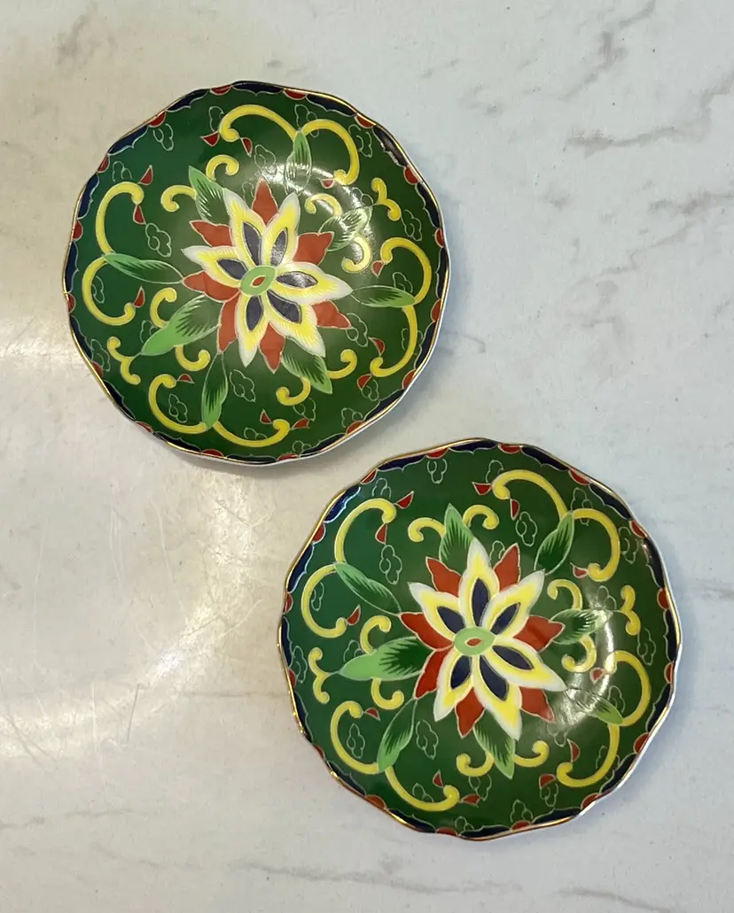 Vtg Takahashi San Francisco Kashmir Green Floral Tea Bag Rests Butter Pat Plates