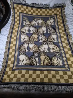 Weave Cat Tapestry Throw Blanket Fringe Tabby Tiger Kitty Thick Heavy 45in x66in  Vintage All Over Pattern Brown blue black sofa
