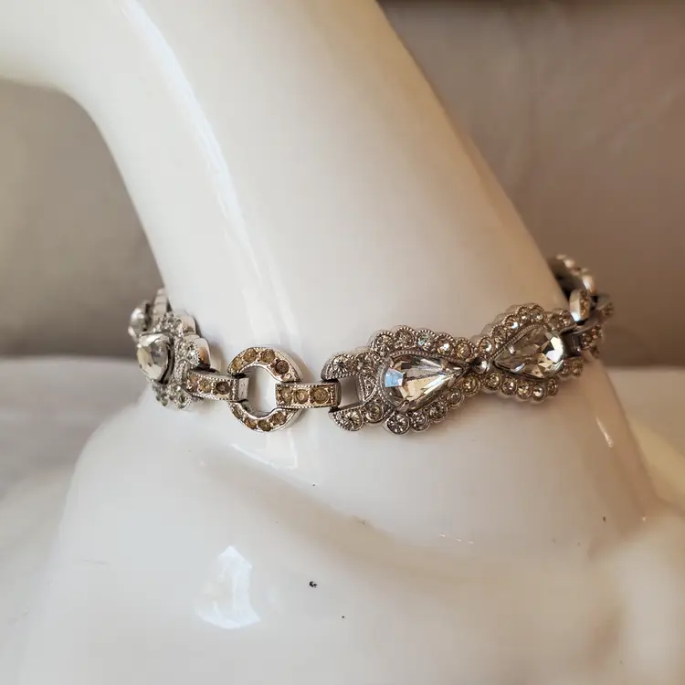 Art Deco Style Silver Tone Rhinestone Bracelet
