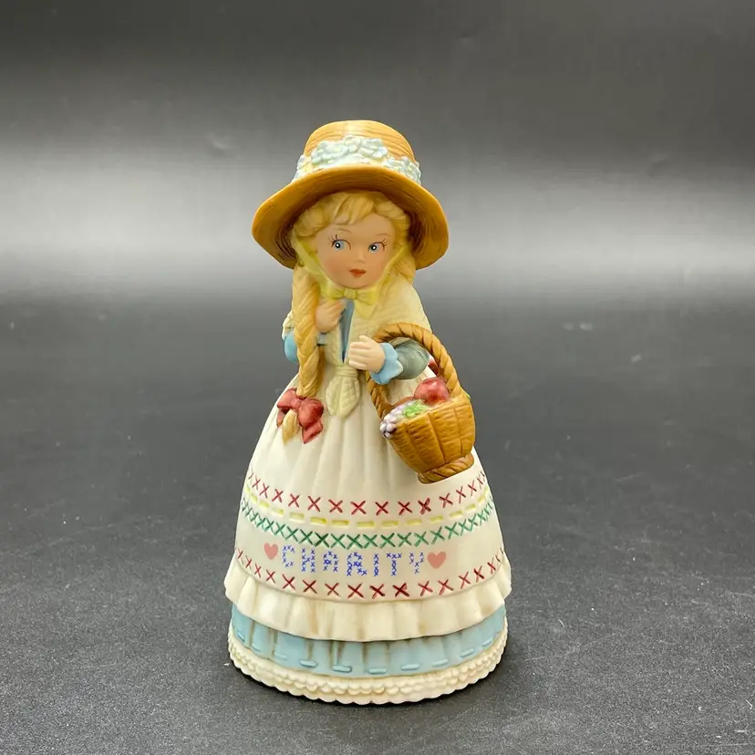 Marjorie Sarnat Charity Girl with Fruit Basket Porcelain Figural Bell Vintage