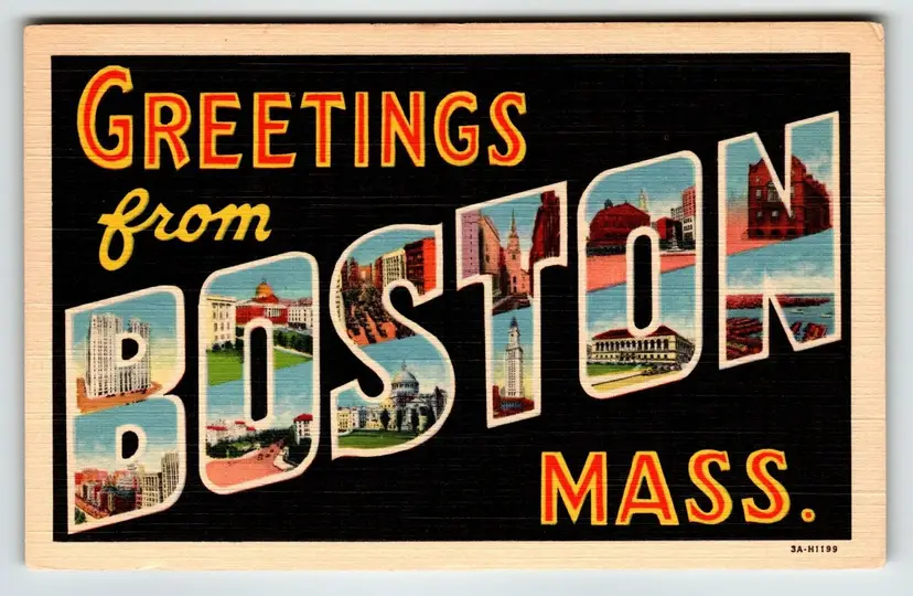 Greetings From Boston Massachusetts Large Big Letter Linen Postcard Unposted