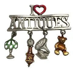 Vintage JJ Jonette Brooch Pin I Love Antiques Hanging Charms SilverTone w Color