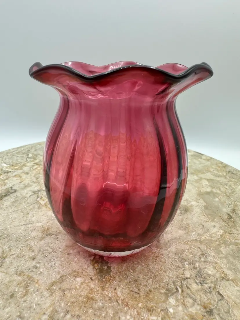 Vintage Cranberry Dark Pink Art Glass Optic Hand Blown Scalloped Edge Vase