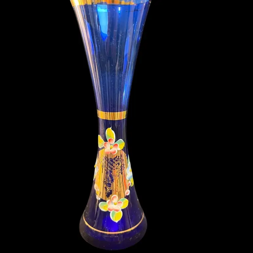 Nasco-Japan-Cobalt Blue w/ Painted Enamel Flowers & Embellished w/ Gold Tone Paint