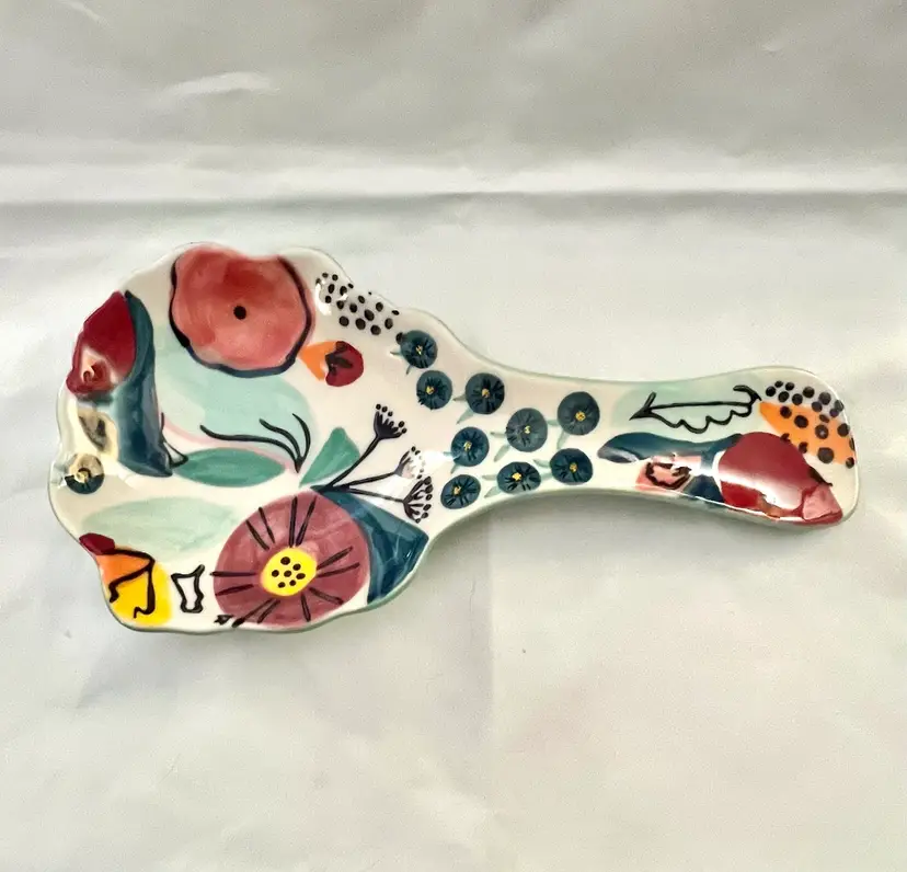 Anthropologie Ceramic Hand Painted Floral And Fruit Theme Stoneware Spoon Rest