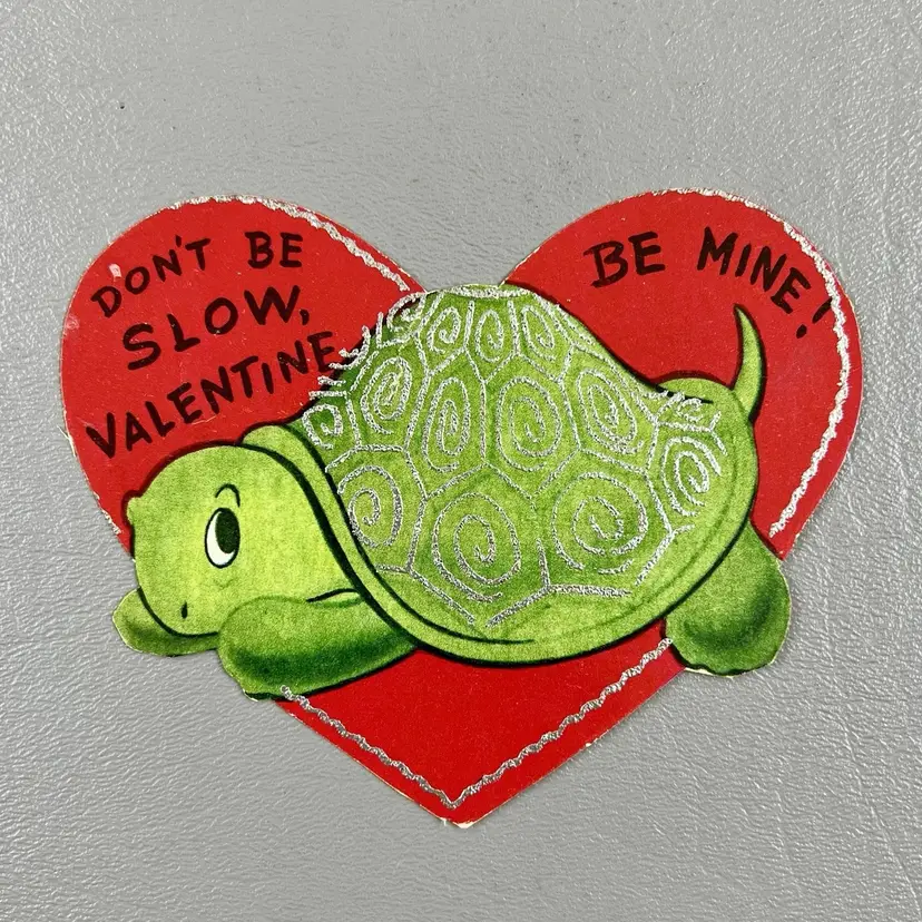 Vintage Valentine Greeting Card Die Cut Heart Turtle Don't Be Slow Be Mine 4.5"