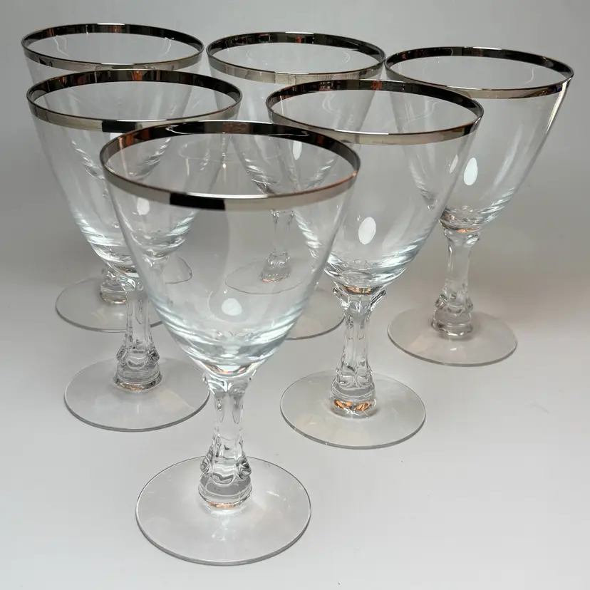 Vintage Set 6 Fostoria Crystal Wedding Ring Platinum Rim Water Goblet Glass Wine