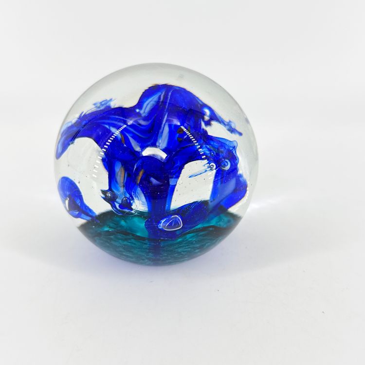 Handmade Polish Art Glass 3" Paperweight Cobalt Blue Teal Flower Orb