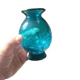 Vintage Teal Crackle Glass Small Vase