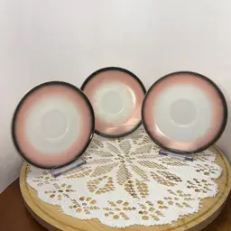 Vintage Hazel Atlas Ovide “Informal”Charcoal And Pink Saucers (3).