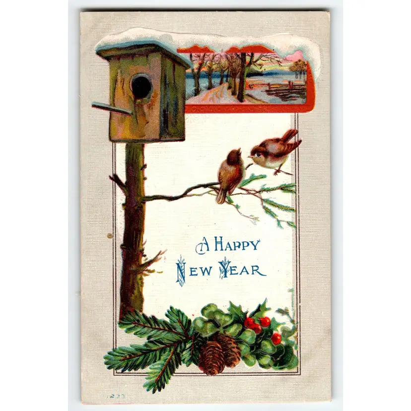Happy New Year Postcard Birds Birdhouse Vintage Greetings Unused Embossed