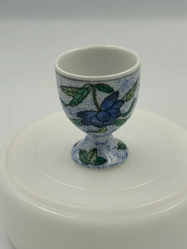 Vintage Porcelain Hand Painted Egg Cup From Hong Kong, Blue Green And White Floral Design