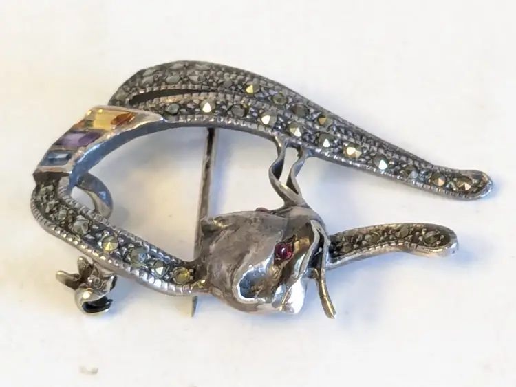 Vintage Sterling Scaredy Cat Brooch Pendant Marcasite and Rhinestones