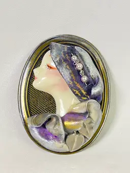 Vintage Artist Signed Women In Hat Bust Pin