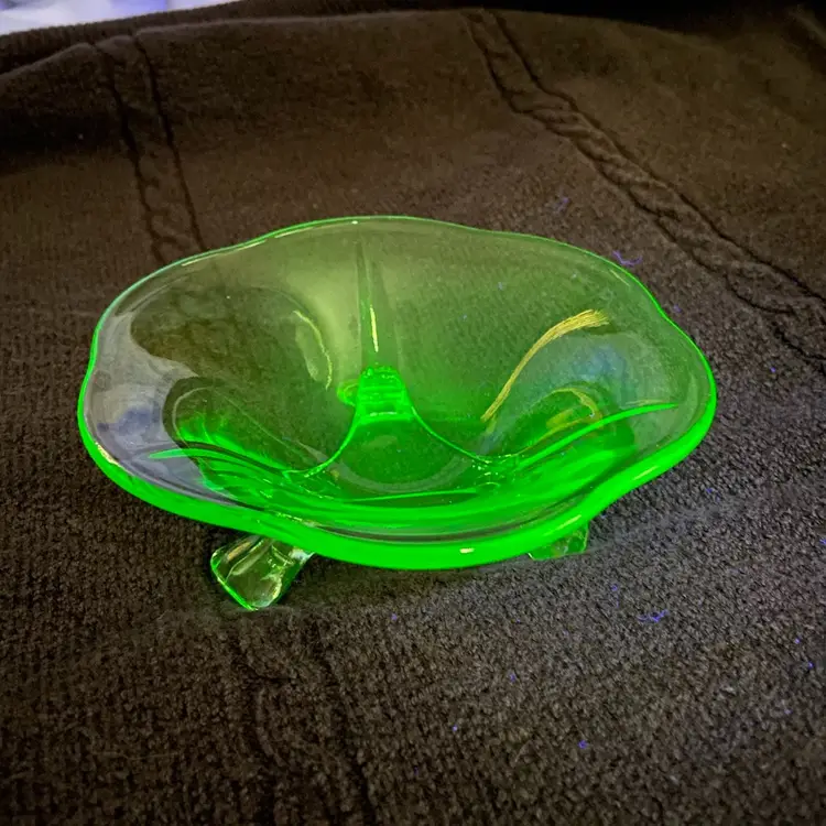 Three-footed Uranium Glass Dish. 4.5”w x 1 5/8”h.