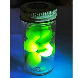 5 Uranium Green & White Swirl Marbles In Vintage Alka-Seltzer Screw Cap Jar.