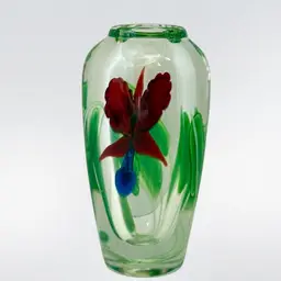 Orient And Flume Floral Art Glass Vase Paperweight  6 1/8” Tall- Signed by Artist- Partial Label