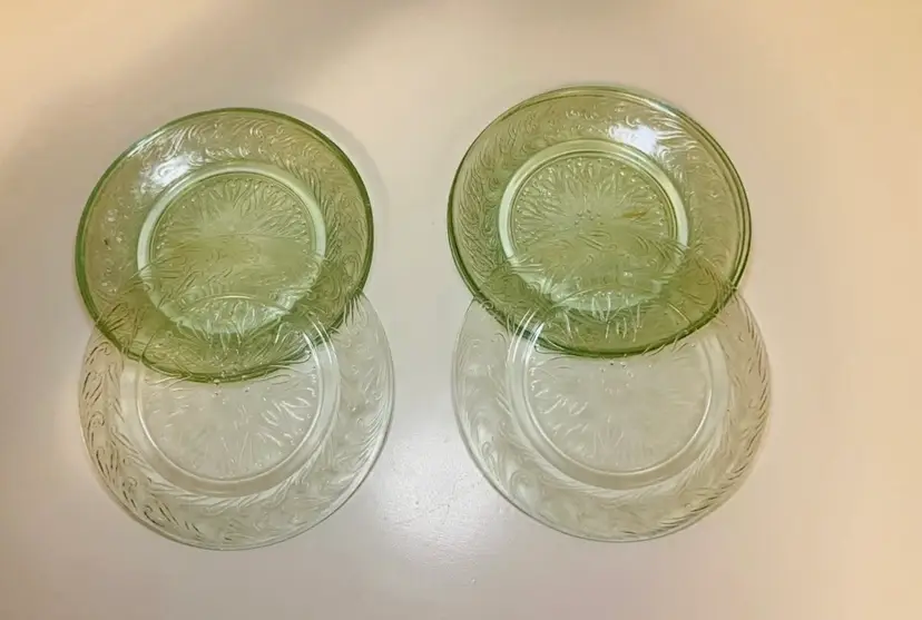 Vintage Depression Green Glass 6" Bread & Butter Plates with Scroll Design Glows Art Deco CottageCore Farmhouse Grandmillennial