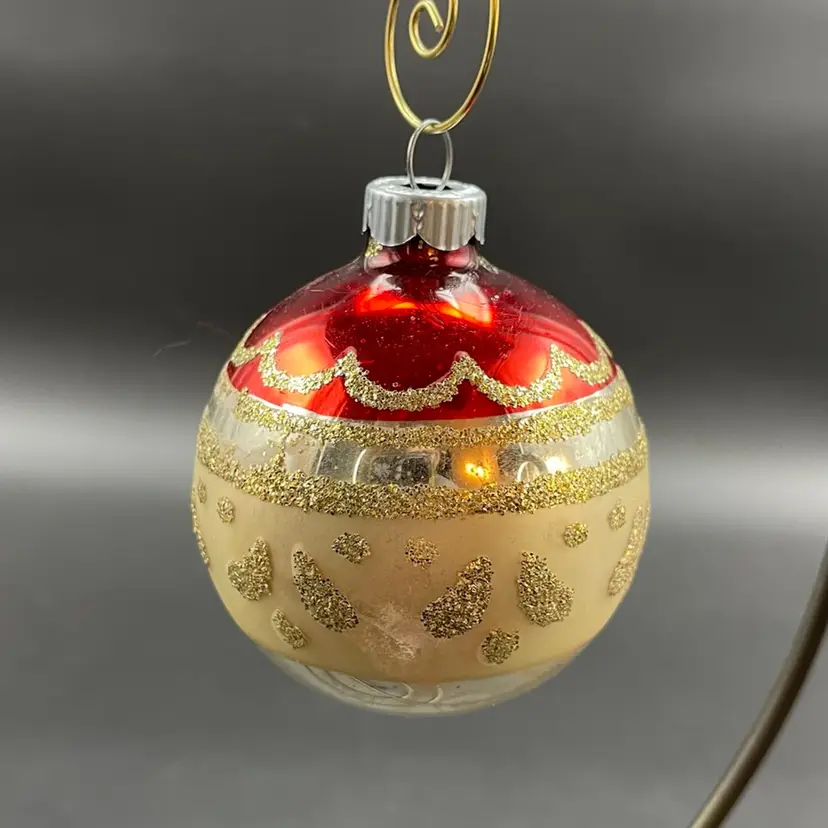 Shiny Brite Glass Ornament Red Silver Gold Mica Covered Pattern VTG Christmas