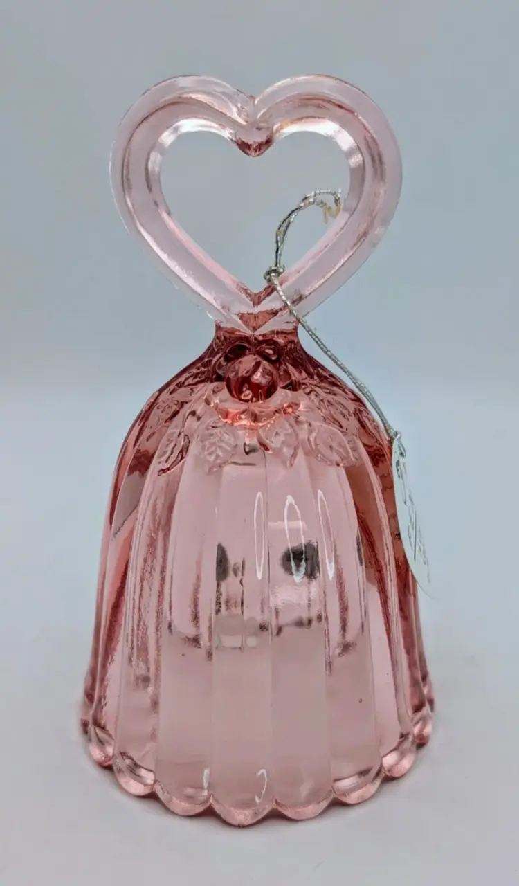 Fenton Art Glass Pink Rose Heart Handle Handled Bell Love