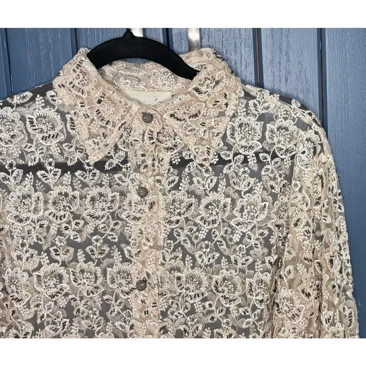 Vintage Cache Cellulose Rayon Cream Beaded Floral Button Up Top Shacket Sz Large