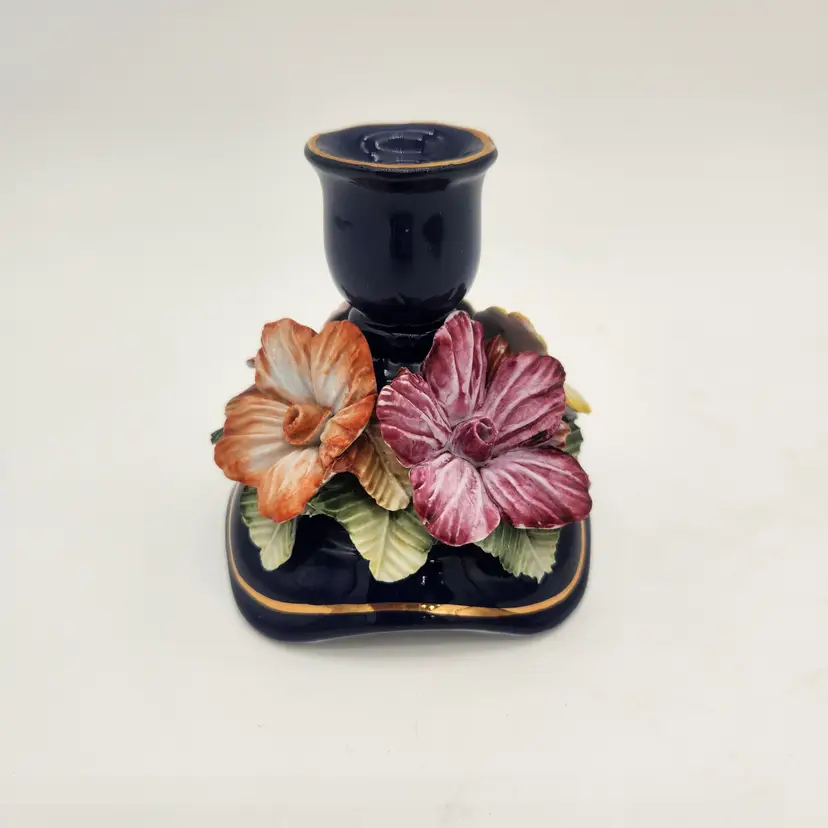 3D Yellow Pink Orange Burgundy Flowers On Navy Base Candlestick From Romania