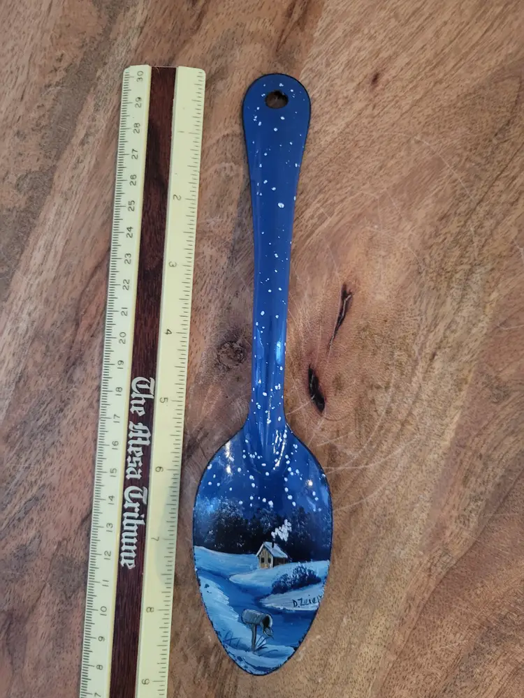 Hand Painted Large Blue Enamel Spoon Winter Cabin Lake Landscape Signed D. Zeiep
