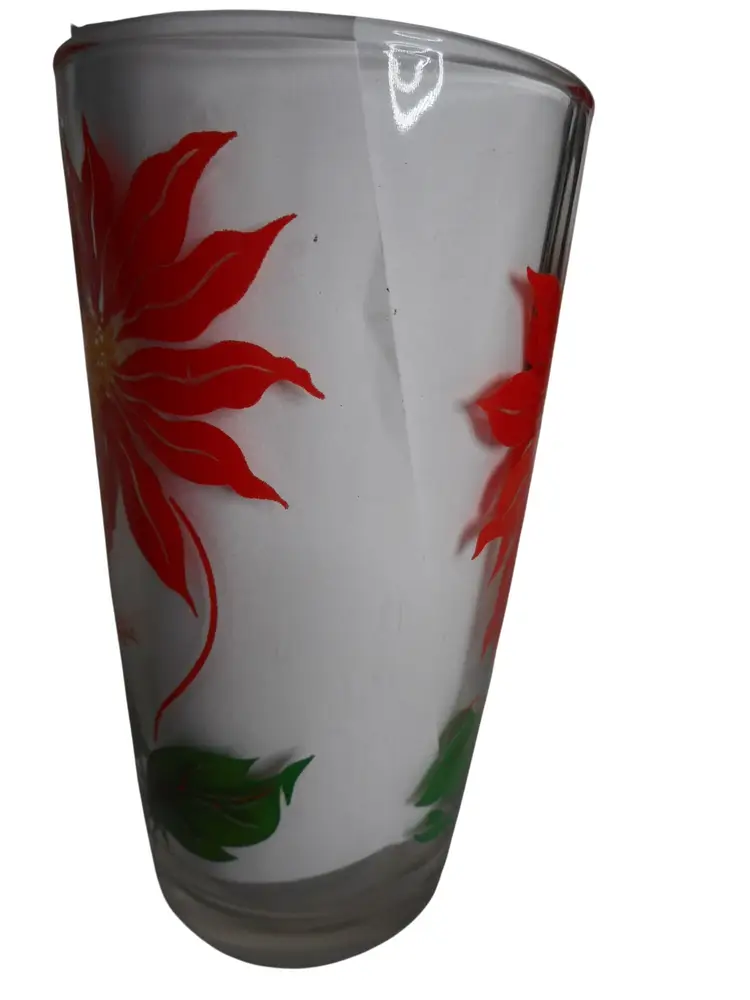 MCM Boscul Peanut Butter Glass Tumbler Dark Red Poinsettia Estate find 5" #9