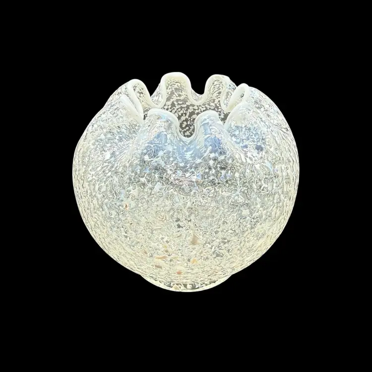 Dugan Frit Art Glass 4 in. Rosebowl Vase Clear Opalescent Aqua Blue White Frit