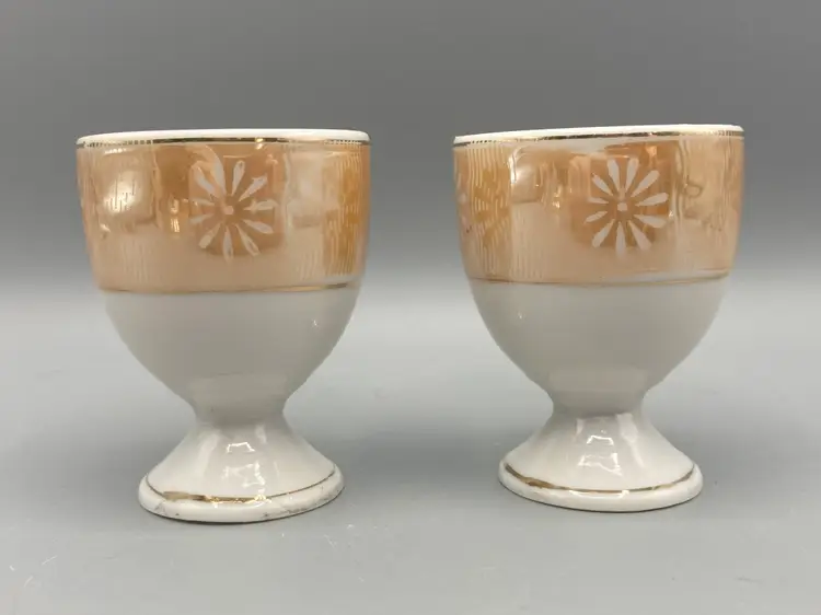 Vintage Japan Orange / Peach Rimmed Lusterware Egg Cups - Set of 2 - READ