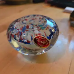 Vintage Italy Murano Glass Paperweight Red White Blue Confetti